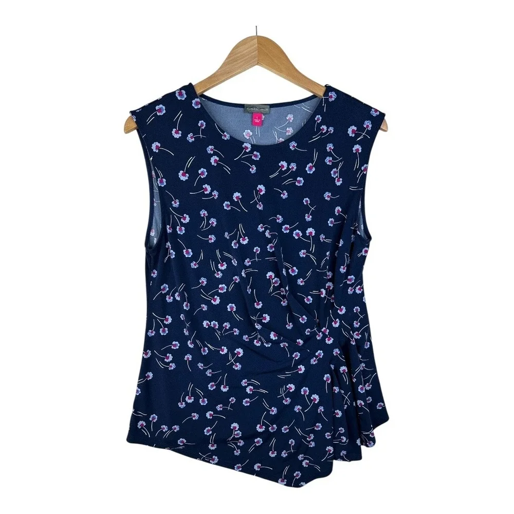 Vince Camuto Womens Pleated Asymmetrical Top Size Large‎ Floral Print Blue